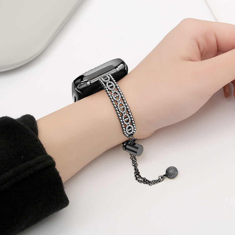 For Apple Watch Series 9 8 7 41mm / 6 5 4 SE (2022) SE (2023) SE 40mm / 3 2 1 38mm Rhinestone Copper Bracelet Strap - Black For Apple Watch Series 9 8 7 41mm / 6 5 4 SE (2022) SE (2023) SE 40mm / 3 2 1 38mm Rhinestone Copper Bracelet Strap - Black